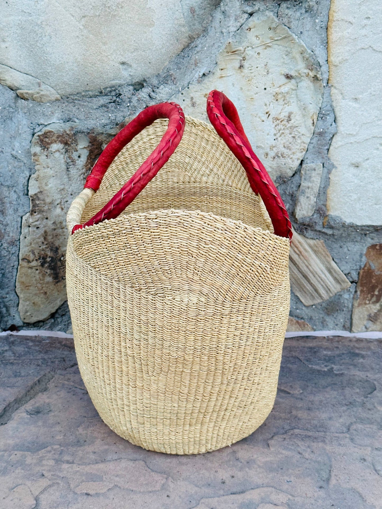 African Natural Open Wave Ghana U-Shopper Yikene Beach Tote Bag Basket - Brown Handles: LARGE W: 17"-19" H: 9"-10"
