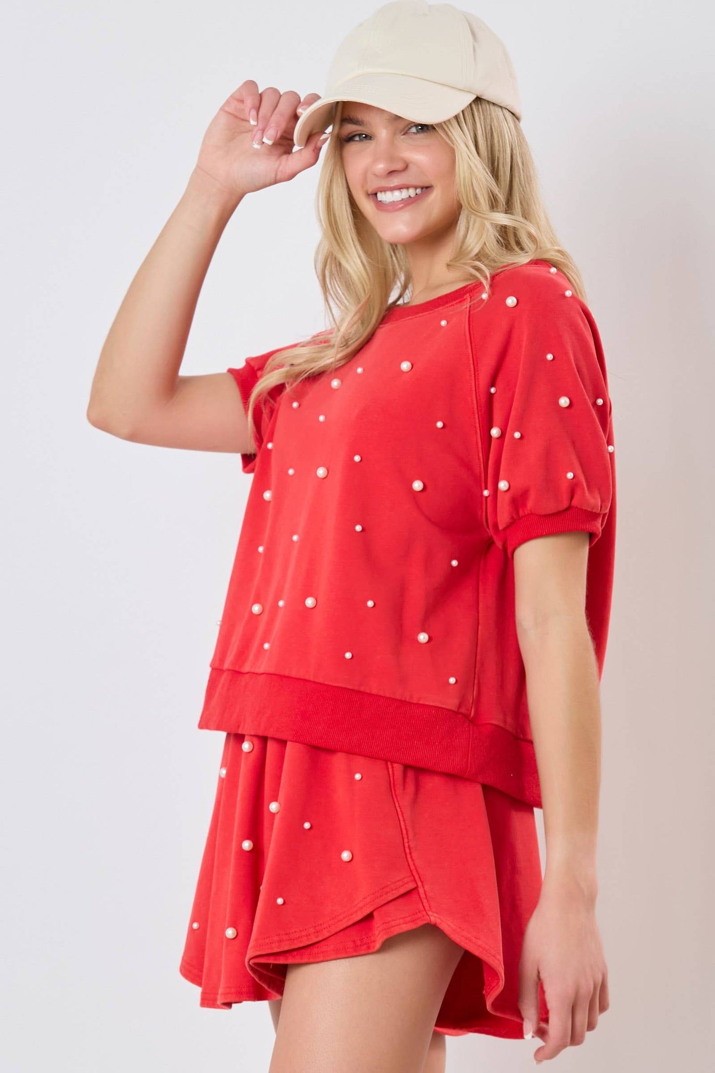 Washed Raglan Pearl Trim Puff Sleeve Top - Preorders: BLACK / S