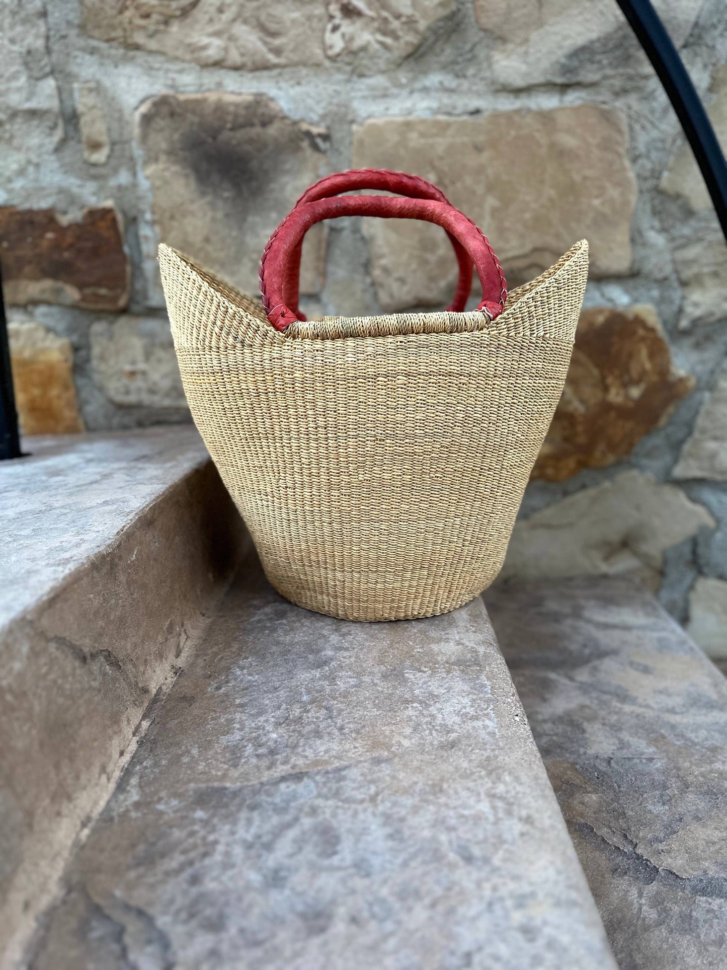 African Natural Open Wave Ghana U-Shopper Yikene Beach Tote Bag Basket - Brown Handles: LARGE W: 17"-19" H: 9"-10"