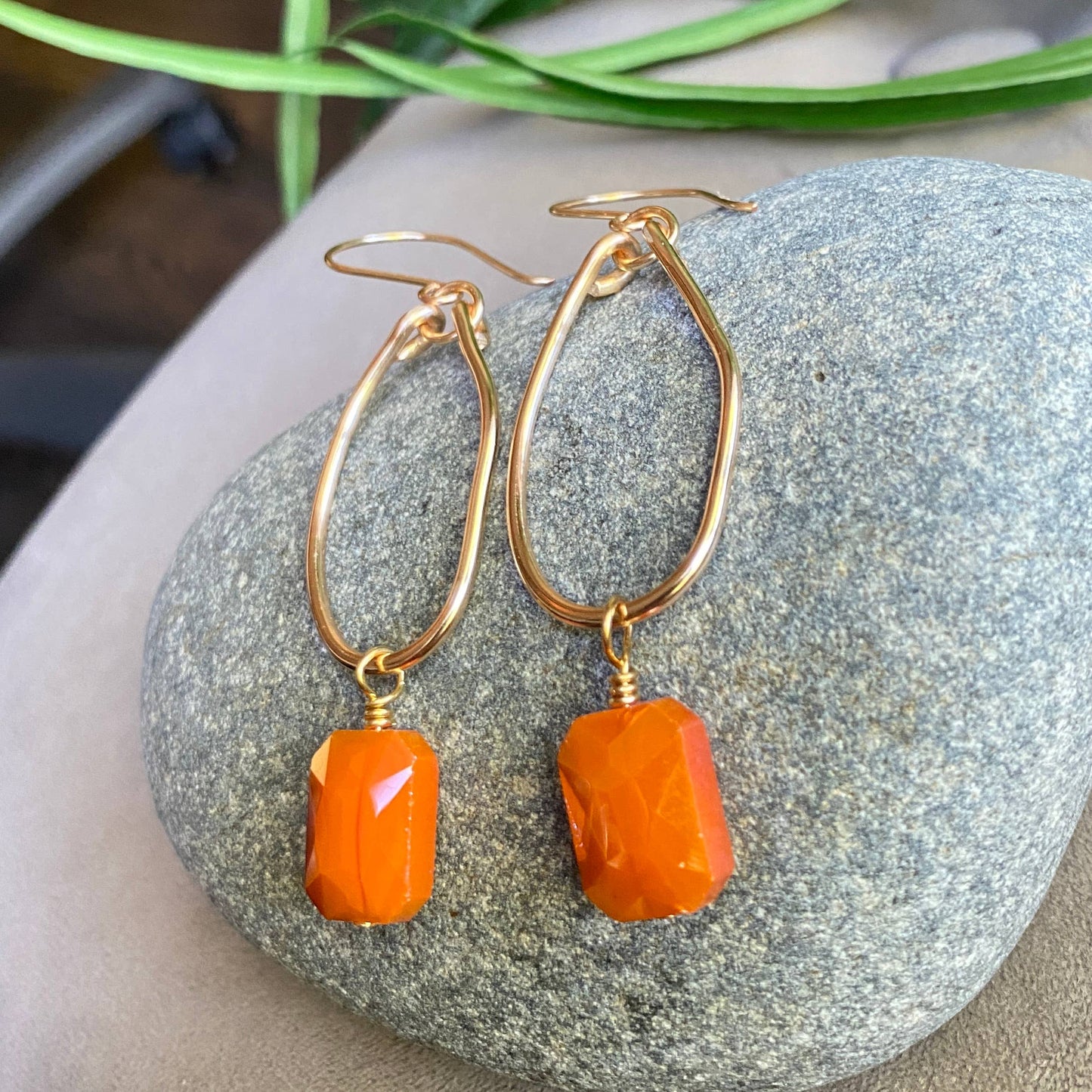 Gold Hoop Earrings Organic Crystal Orange Earrings Dangle: Gold