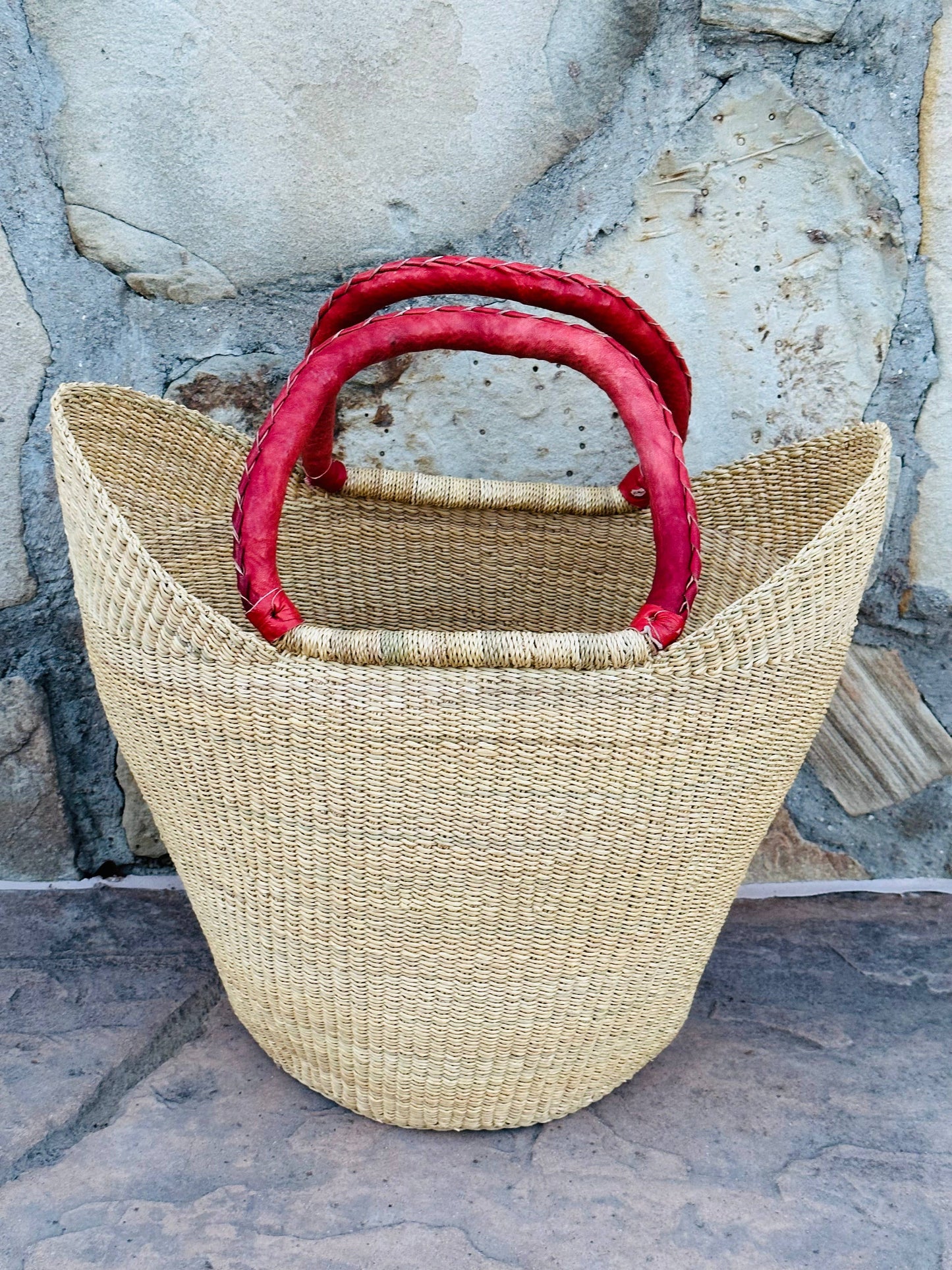 African Natural Open Wave Ghana U-Shopper Yikene Beach Tote Bag Basket - Brown Handles: LARGE W: 17"-19" H: 9"-10"