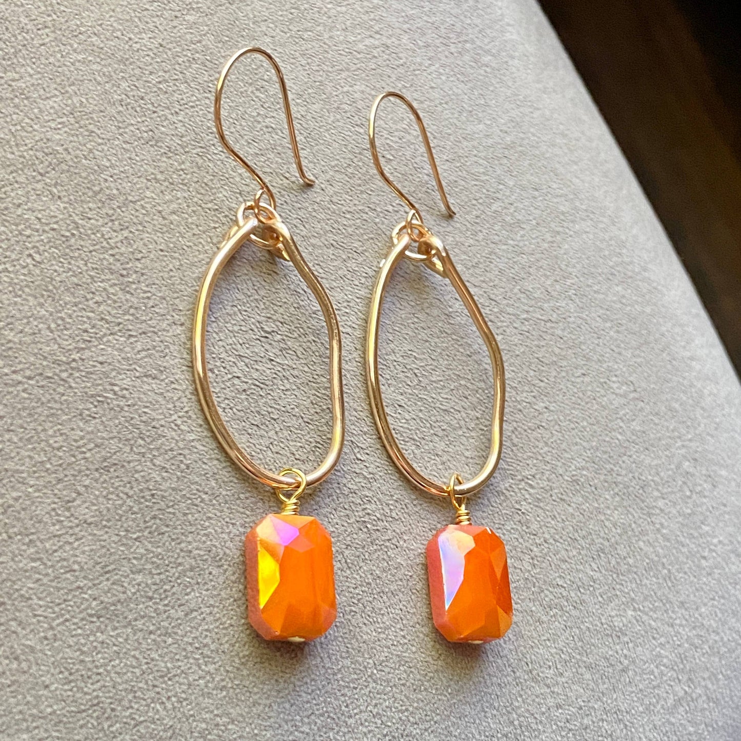 Gold Hoop Earrings Organic Crystal Orange Earrings Dangle: Gold