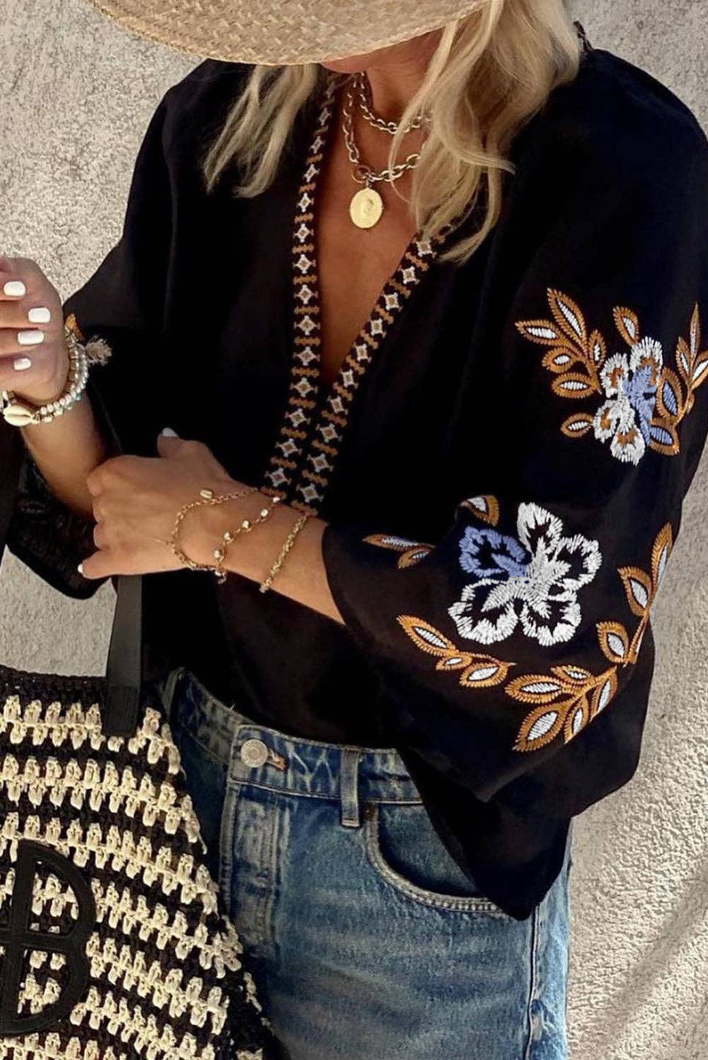 Boho Floral Embroidered V-Neck Blouse: Black
