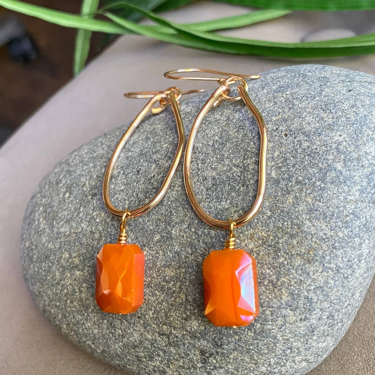 Gold Hoop Earrings Organic Crystal Orange Earrings Dangle: Gold