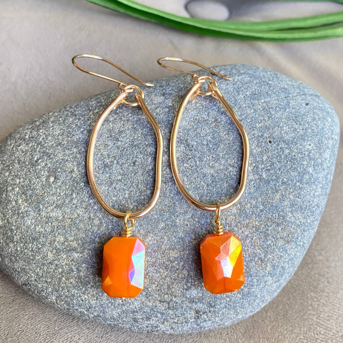 Gold Hoop Earrings Organic Crystal Orange Earrings Dangle: Gold
