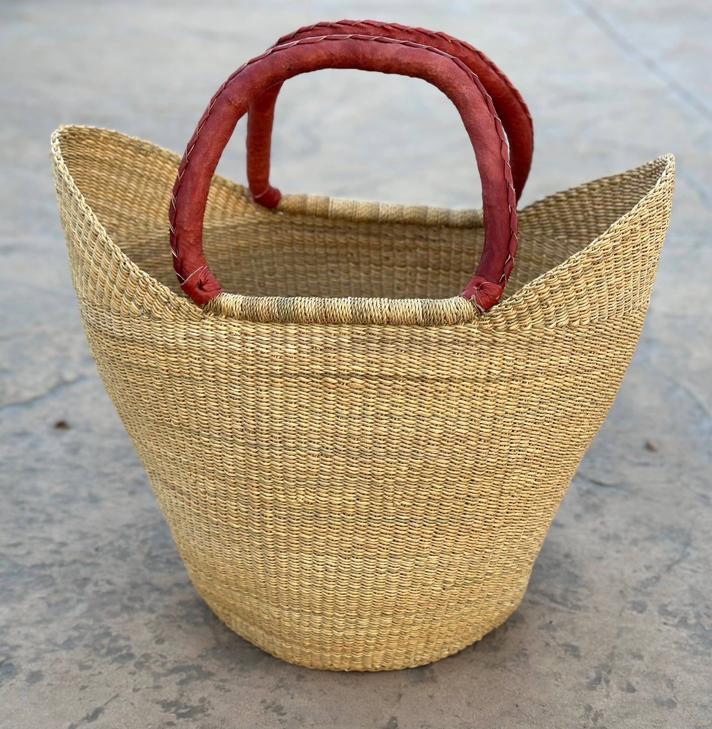 African Natural Open Wave Ghana U-Shopper Yikene Beach Tote Bag Basket - Brown Handles: LARGE W: 17"-19" H: 9"-10"