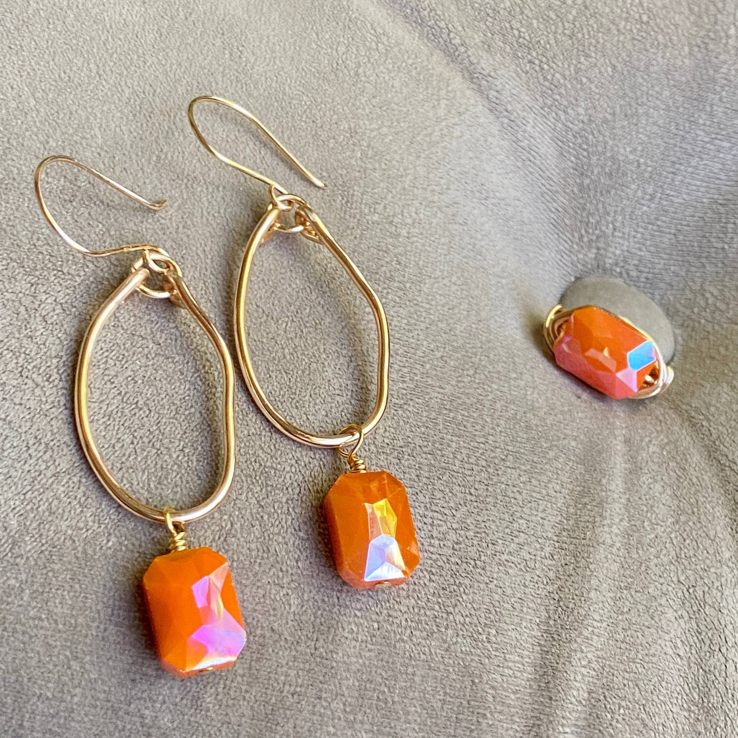 Gold Hoop Earrings Organic Crystal Orange Earrings Dangle: Gold