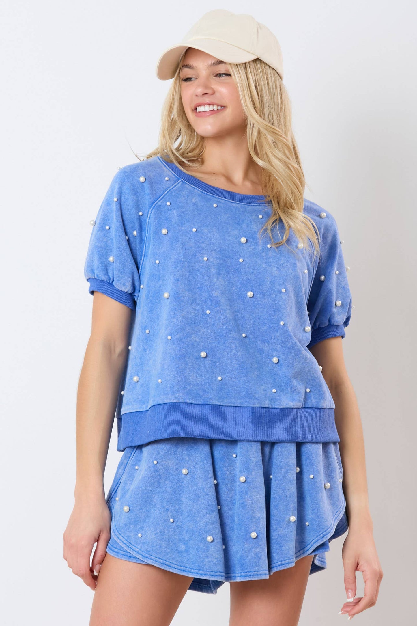 Washed Raglan Pearl Trim Puff Sleeve Top - Preorders: BLACK / S