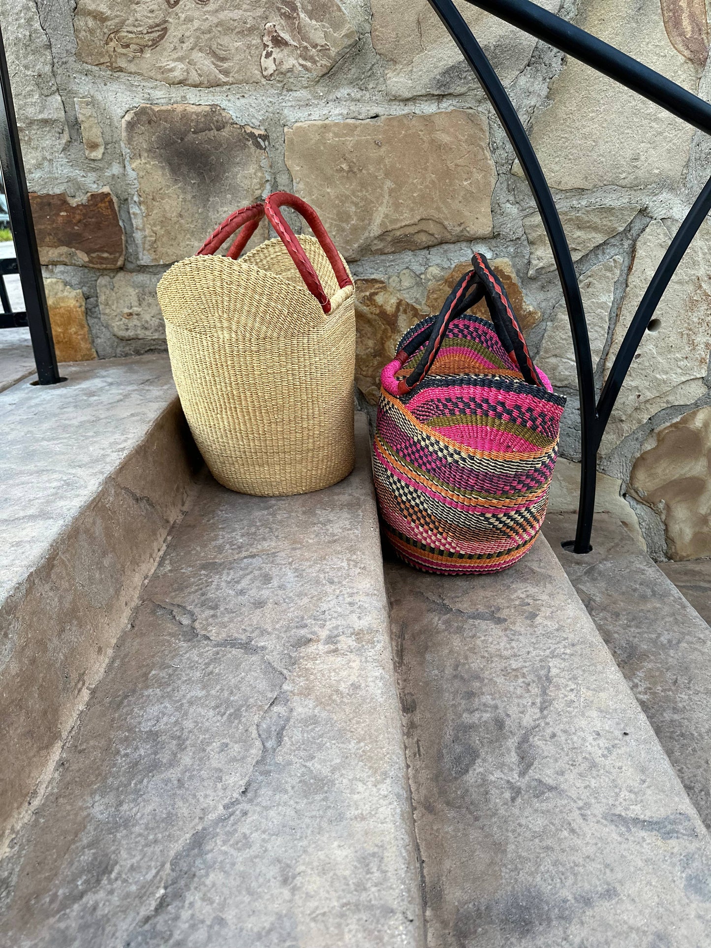 African Natural Open Wave Ghana U-Shopper Yikene Beach Tote Bag Basket - Brown Handles: LARGE W: 17"-19" H: 9"-10"