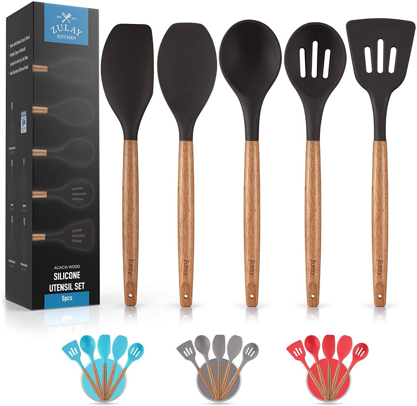 Zulay Kitchen - Silicone Utensil Set with Acacia Hardwood Handles-Black