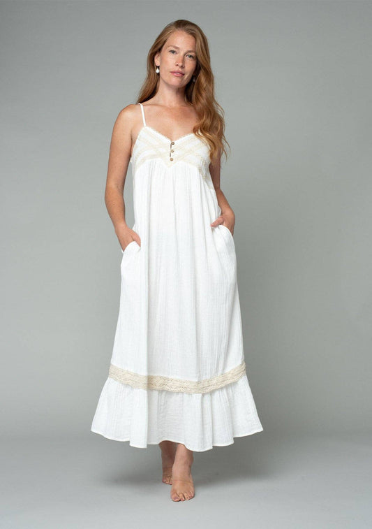 Cotton Sleeveless Crochet Trim Maxi Dress: M / Off White/Natural
