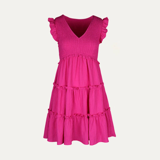 So Flirty Hot Pink V-Neck Ruffled Tiered Mini Dress: HOT PINK