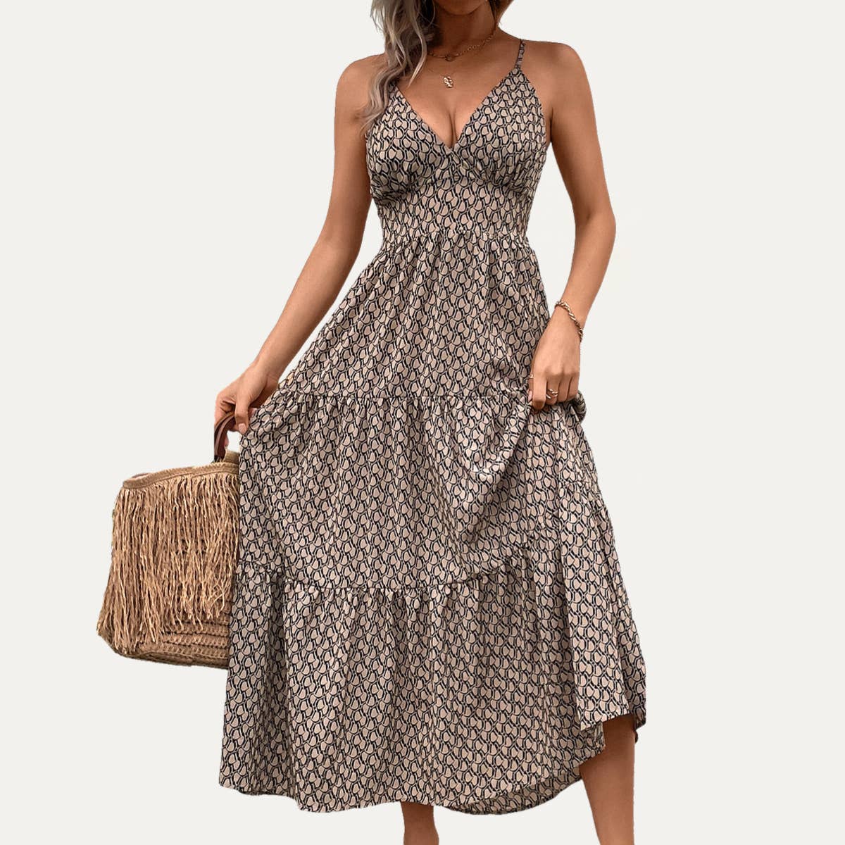 Trendy Khaki Abstract Print Tie-Back Strappy Maxi Dress: