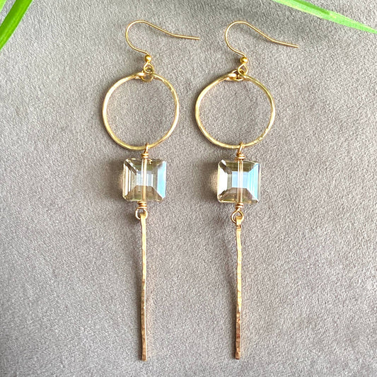 Hammered Hoops And Bar Square Crystal Earrings: Gold / Champagne