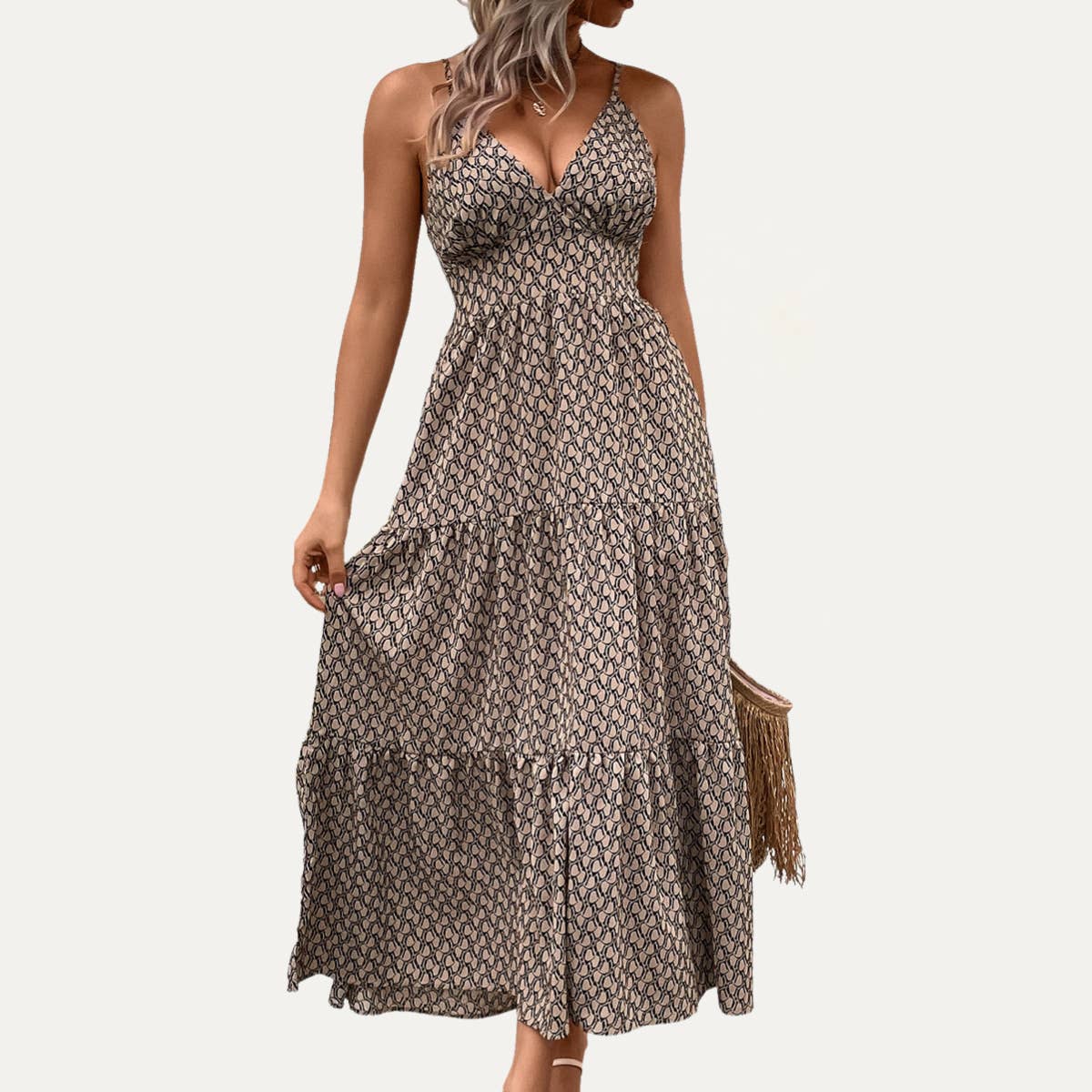 Trendy Khaki Abstract Print Tie-Back Strappy Maxi Dress: