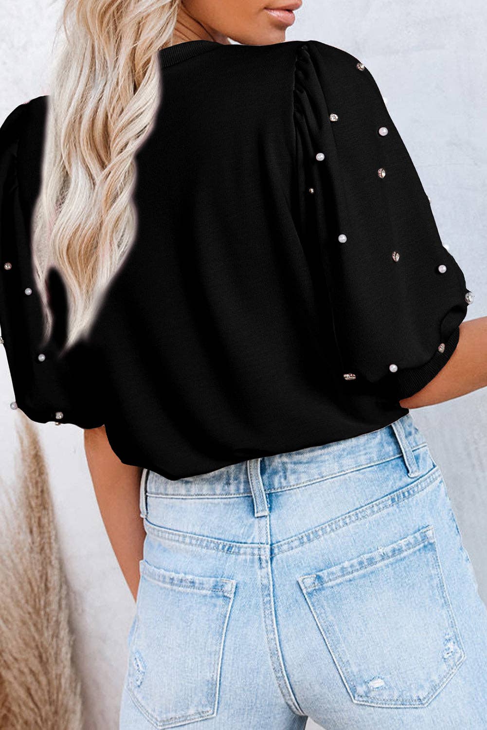 Rhinestone Pearl Puff Sleeve Top: Black / M