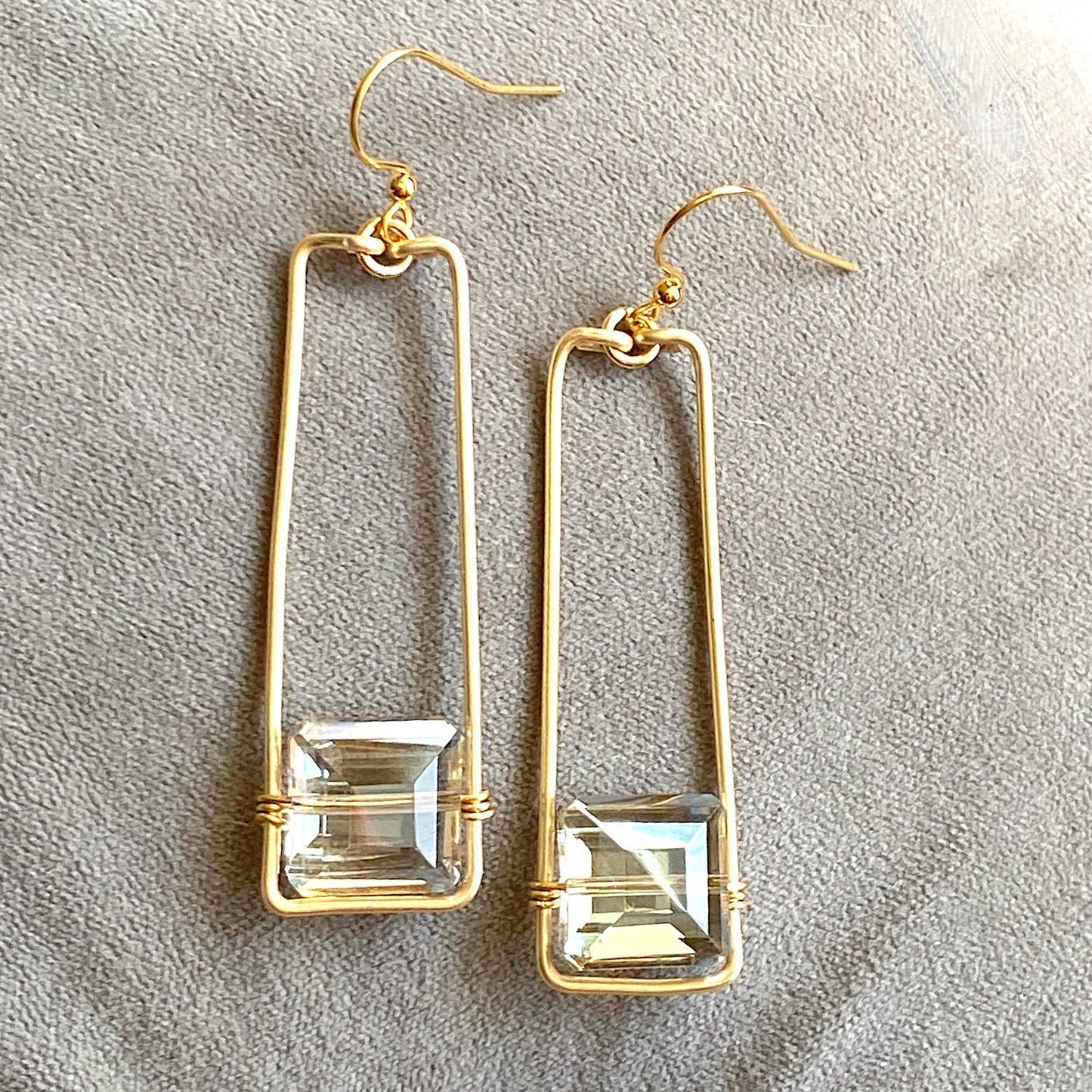 Gold Rectangle Earrings With Square Crystals: Gold