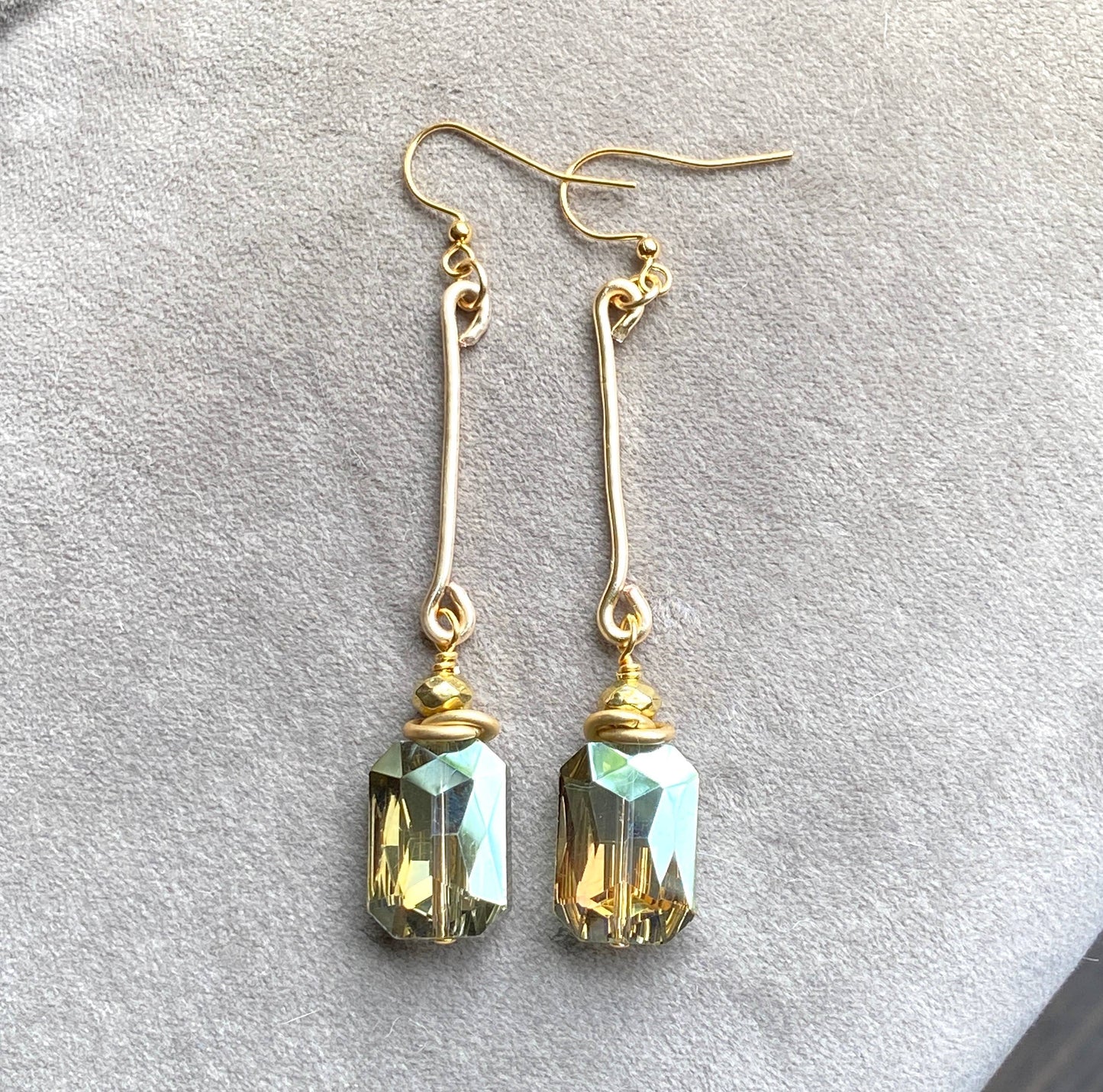 Green Crystal Earrings Rectangle Hammered Connector Bar Drop: Blue / Gold