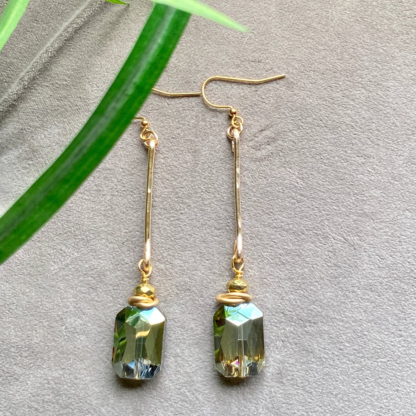 Green Crystal Earrings Rectangle Hammered Connector Bar Drop: Blue / Gold