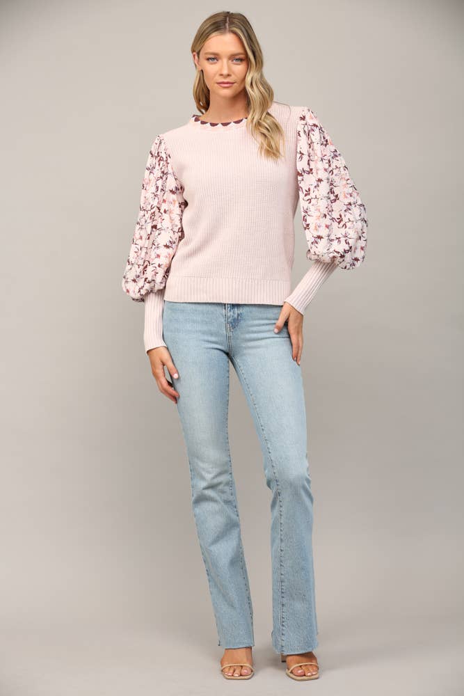 CONTRAST WOVEN JULIETTE SLV CREW NECK SWEATER FW14071: MAUVE