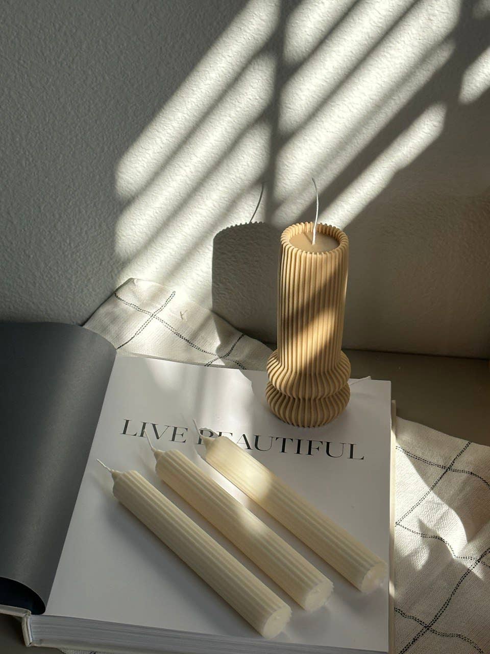 Column Candle-Tall Aestethic Candle-Funky Ribbed Candle: Gray / Bamboo Coconut