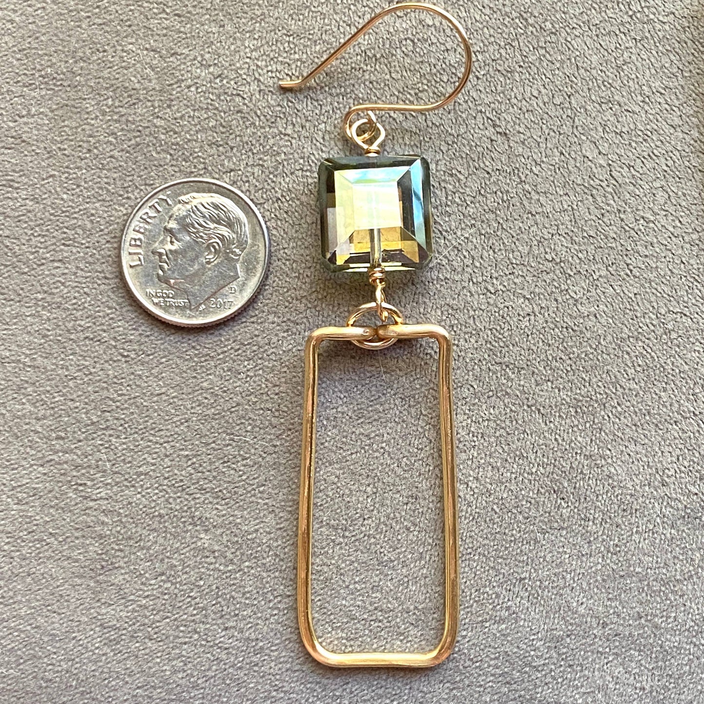 Gold Hammered Rectangle and Square Crystal Earrings Green: Champagne