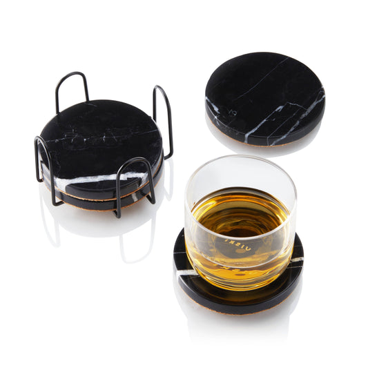 Black Marble Coasters w/ Stand - Set of 4