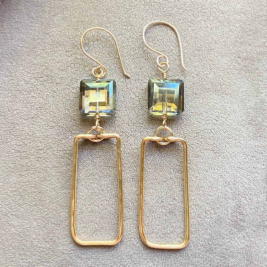 Gold Hammered Rectangle and Square Crystal Earrings Green: Champagne