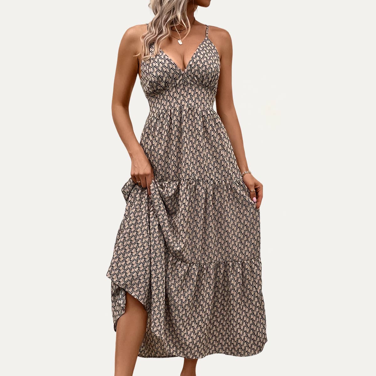 Trendy Khaki Abstract Print Tie-Back Strappy Maxi Dress: