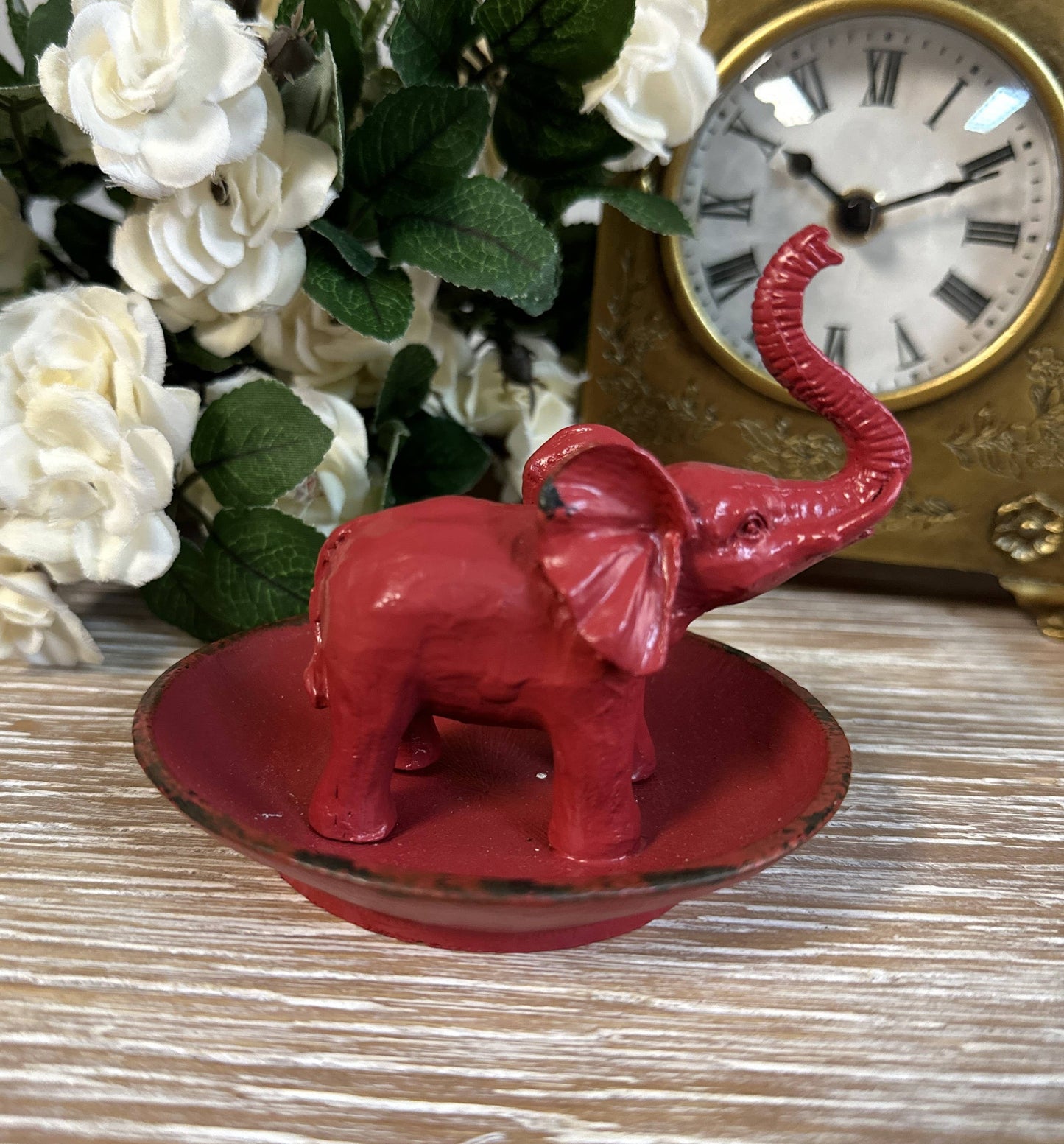 Pewter Elephant Ring Dish in Red