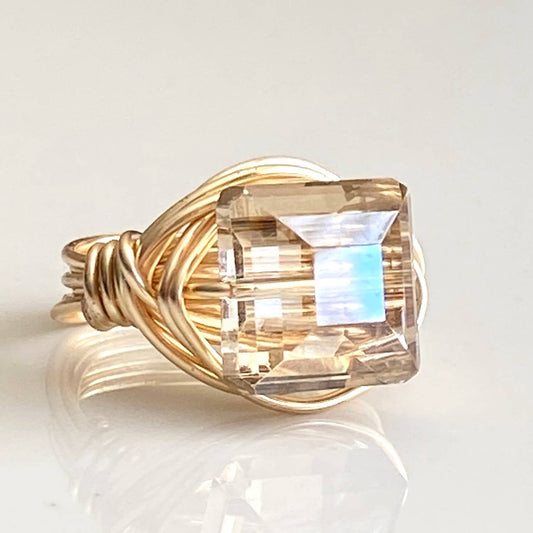 Crystal Gold Ring Champagne Square Wire Wrapped: 7