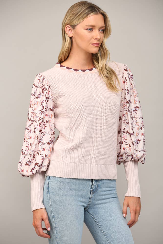 CONTRAST WOVEN JULIETTE SLV CREW NECK SWEATER FW14071: MAUVE