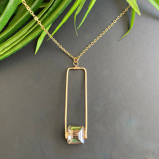 Crystal Necklace with Gold Rectangle Drop Pendant and Chain: Gold Wire and chain