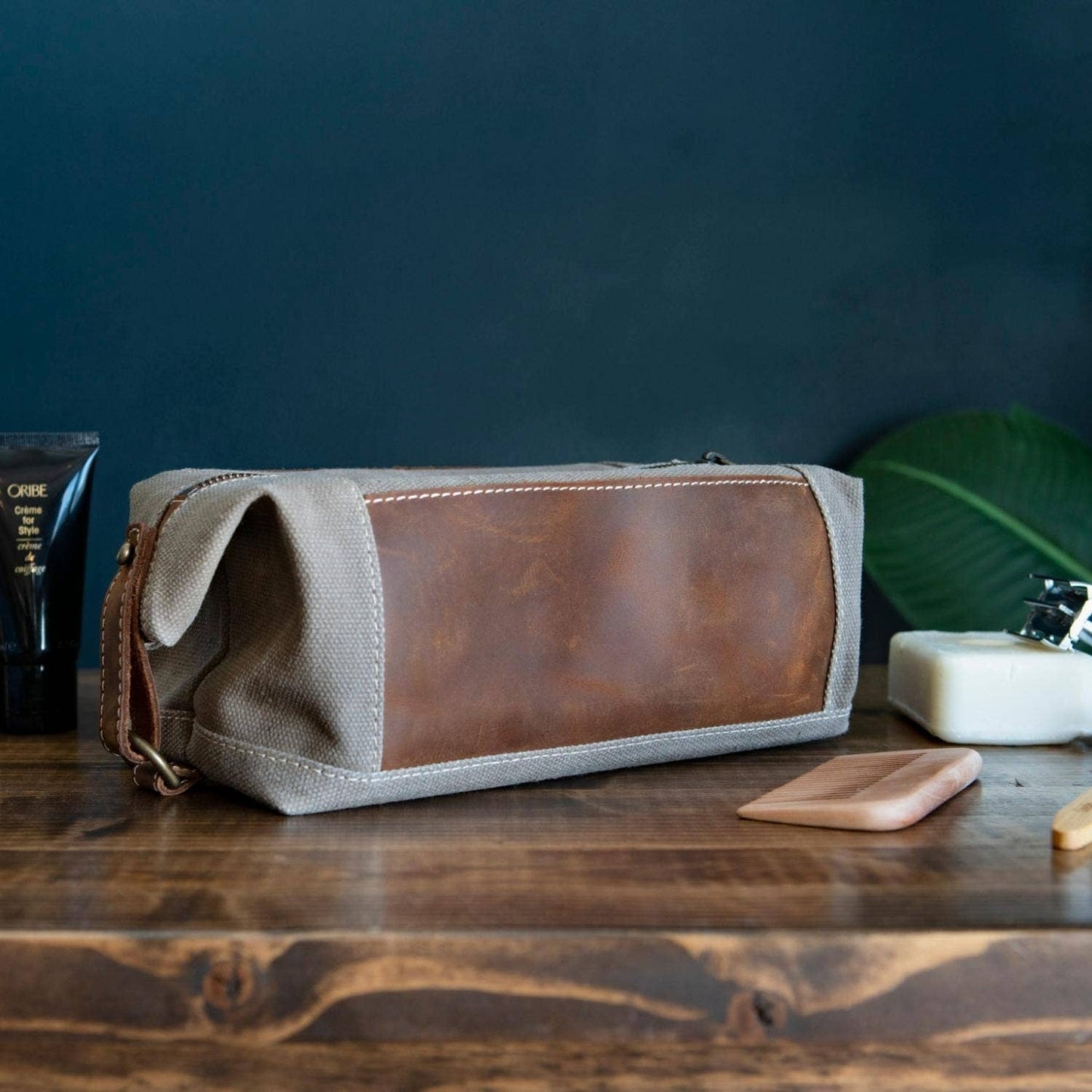 Leather Toiletry Bag Top Grain Leather and Canvas Dopp KIt