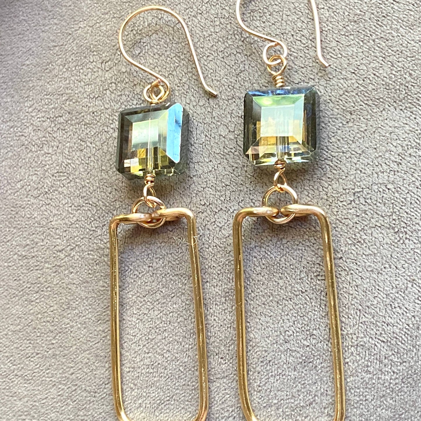 Gold Hammered Rectangle and Square Crystal Earrings Green: Champagne