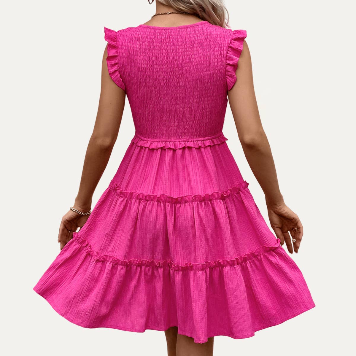 So Flirty Hot Pink V-Neck Ruffled Tiered Mini Dress: HOT PINK