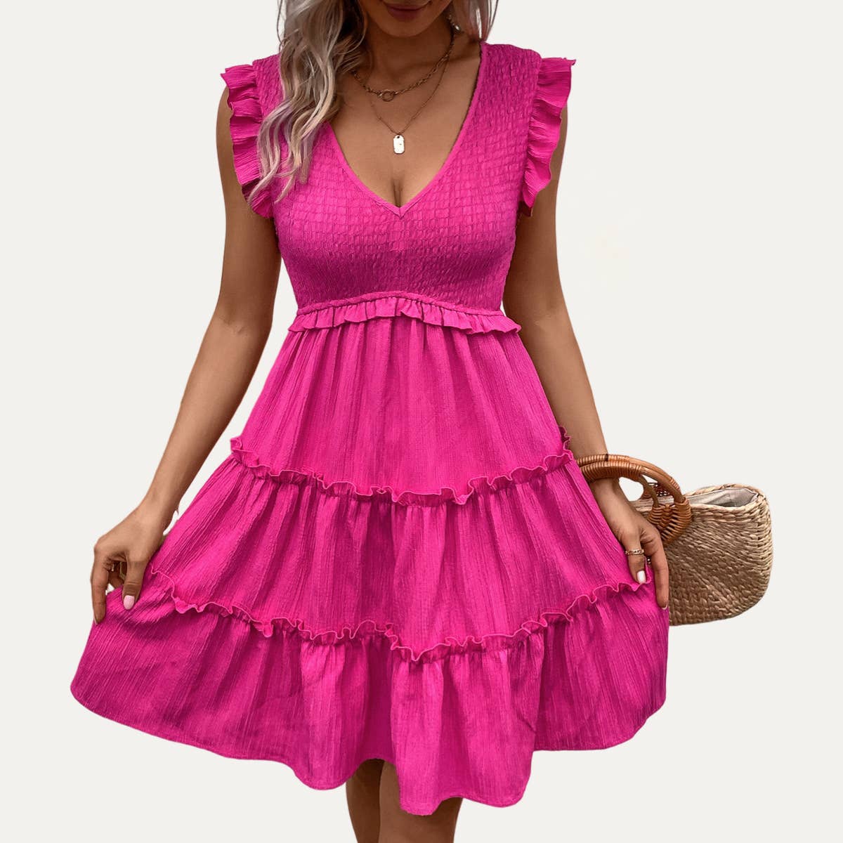 So Flirty Hot Pink V-Neck Ruffled Tiered Mini Dress: HOT PINK