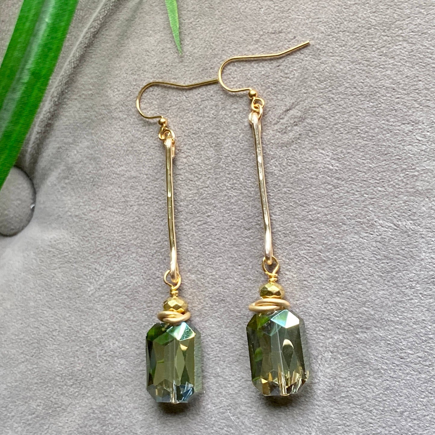 Green Crystal Earrings Rectangle Hammered Connector Bar Drop: Blue / Gold