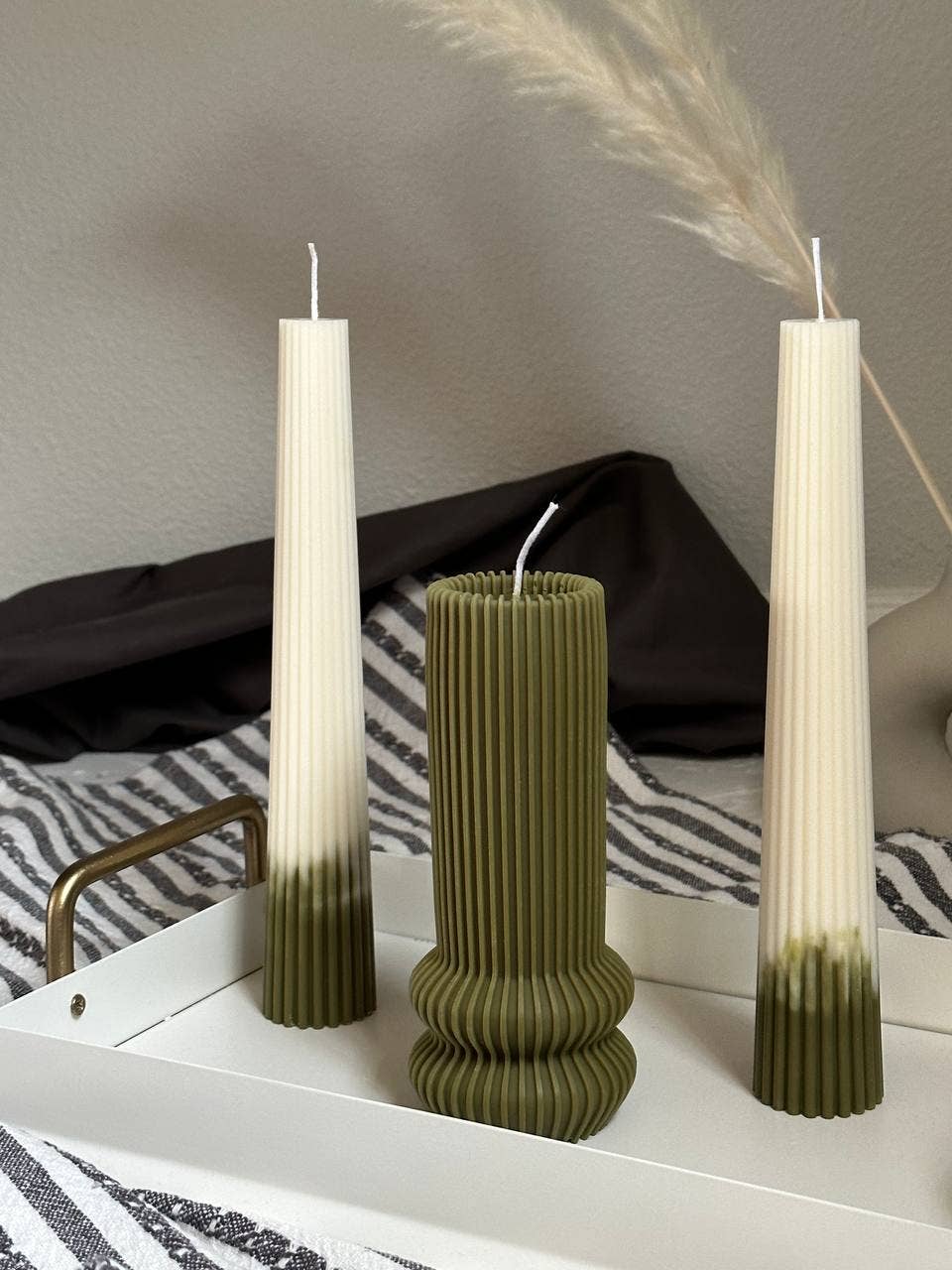 Long Pillar Marble Candle-Tall Ribbed Tapper Candle: White / Very Vanilla / Green