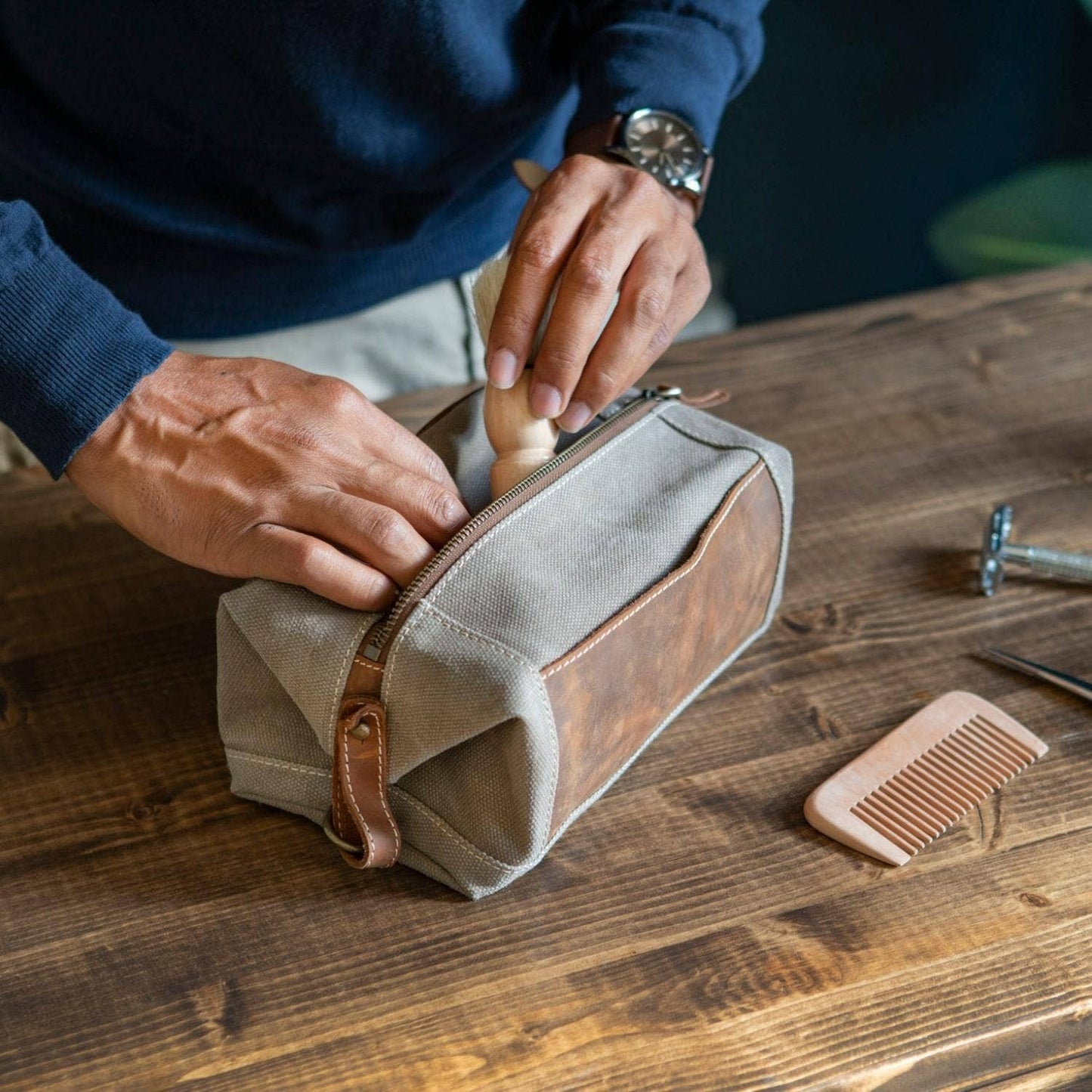 Leather Toiletry Bag Top Grain Leather and Canvas Dopp KIt