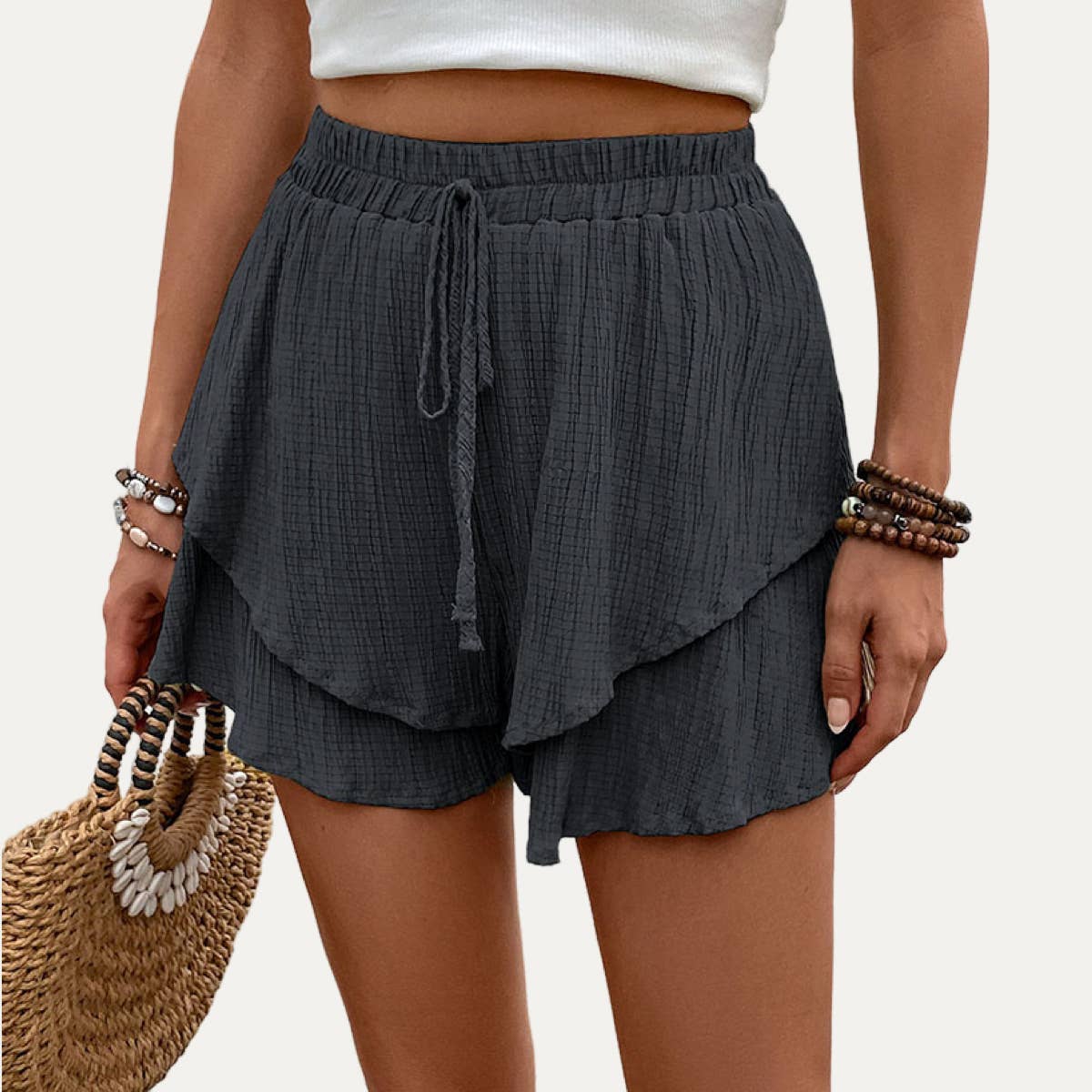 Actively Crinkled High-Waist Tiered Layers Mini Shorts : Navy