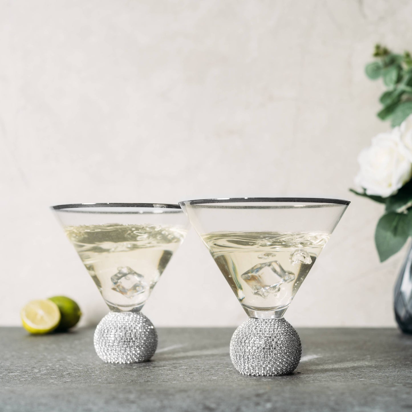 2 Diamond Crystal Silver Stemless Martini Glasses | 10.5 OZ