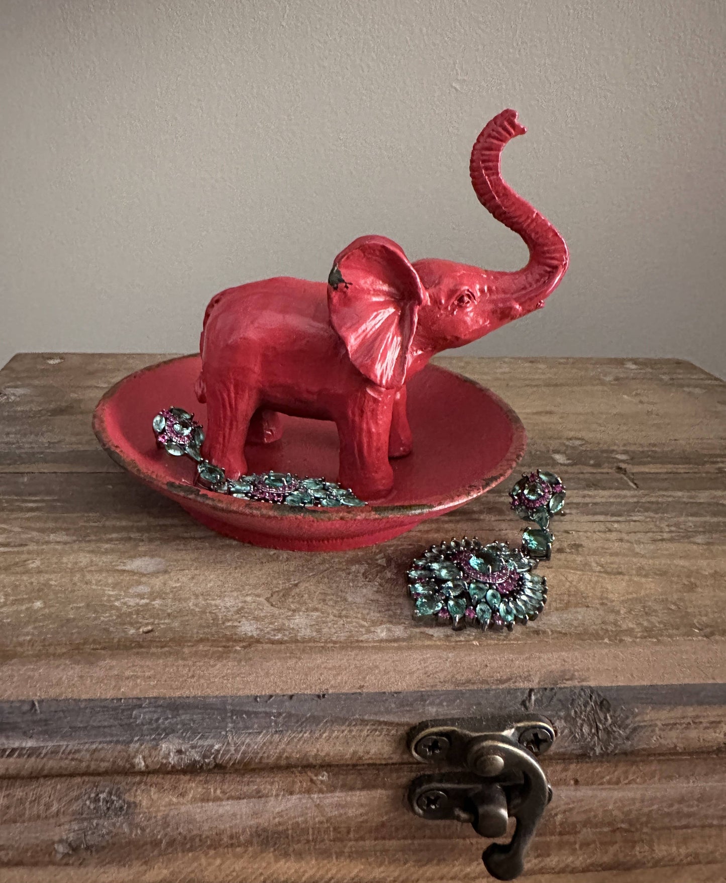 Pewter Elephant Ring Dish in Red