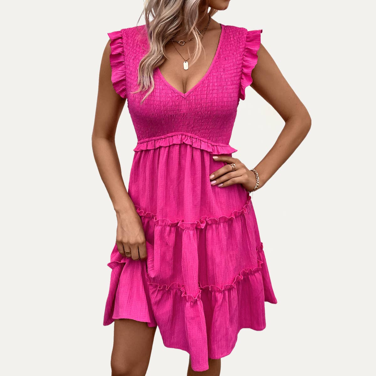 So Flirty Hot Pink V-Neck Ruffled Tiered Mini Dress: HOT PINK