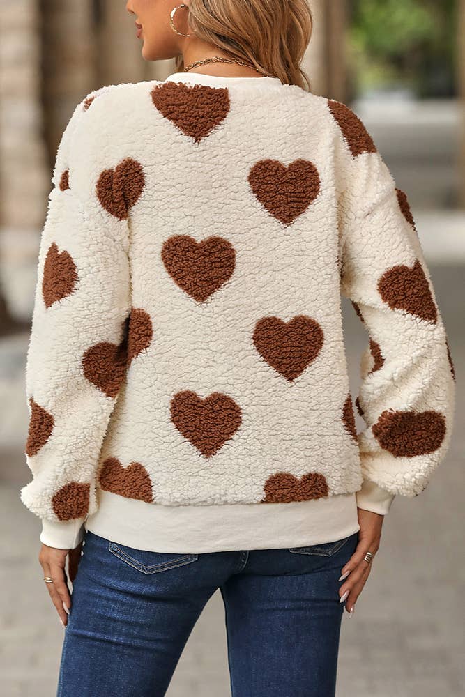 Heart Print Fleece Sweatershirt: Red / L