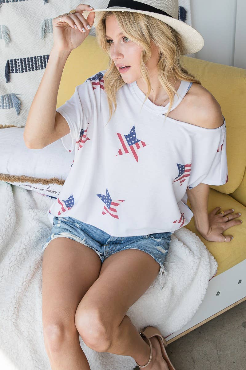 Cut-Out Neck Stars & Stripes Printed Knit Top VT30397R: S / Off White/Multi