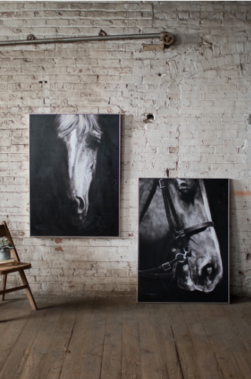 Black and White Front View Horse Oil Painting with Silver Frame