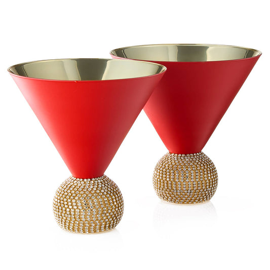 Diamond Studded Martini Glasses Set of 2 Matte Red & Gold