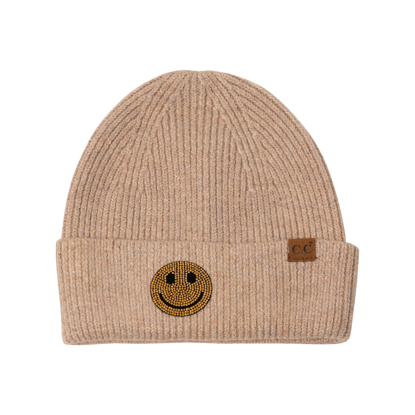 Solid Beanies with Happy Face Rhinestone Patch