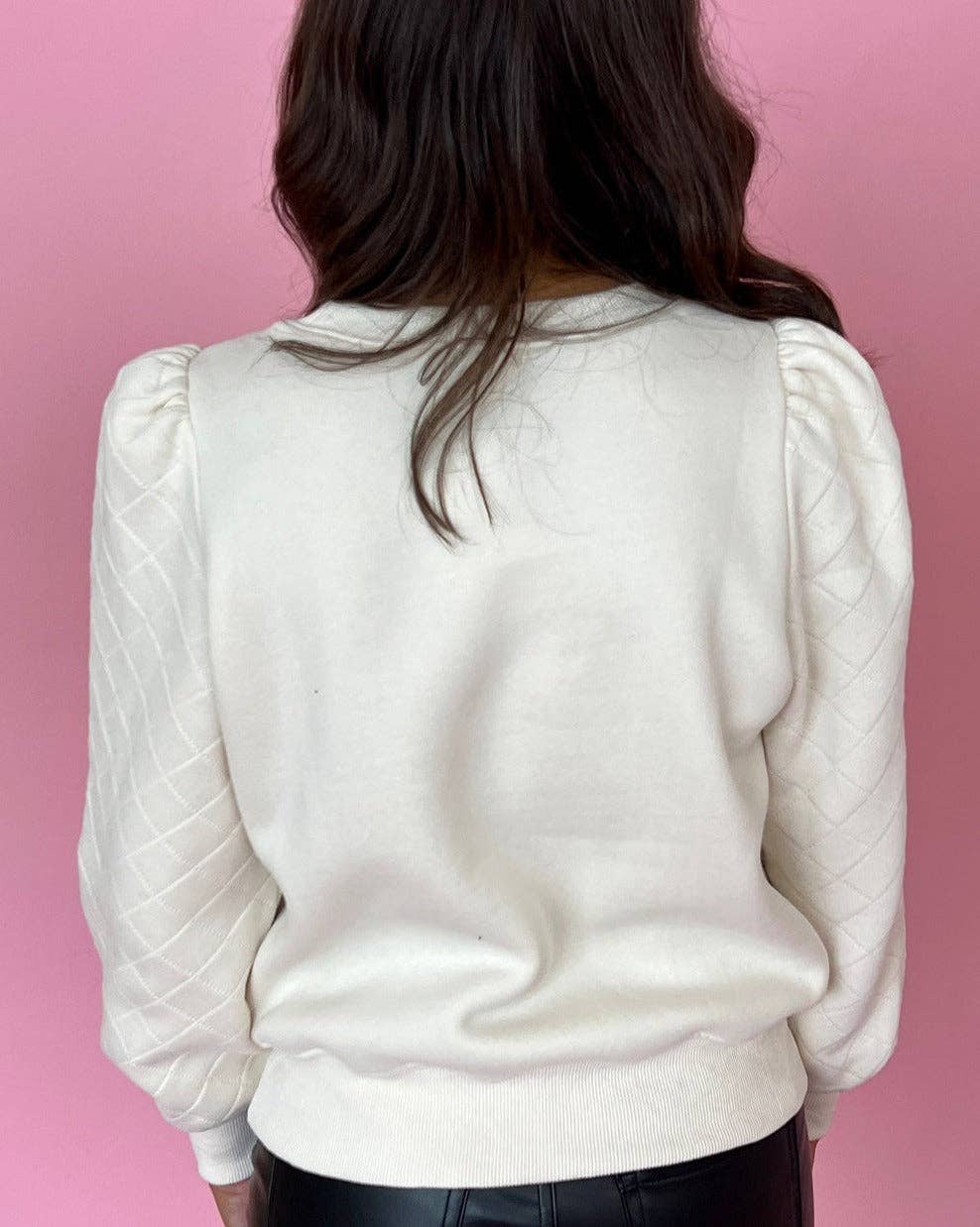 Solid Textured Puff Sleeve Sweatshirt: White